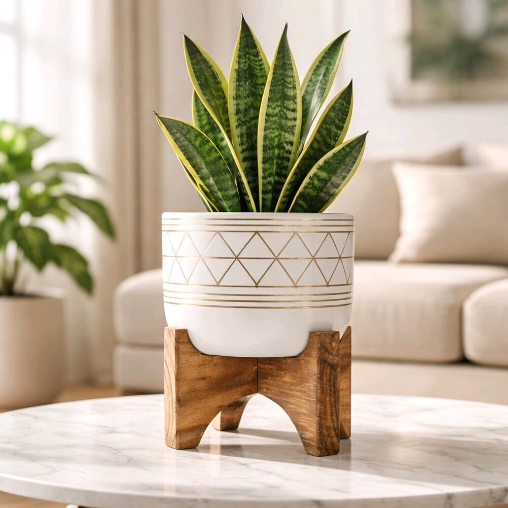Flora Bunda 5" White Ceramic Planter with Wood Stand Gold Geometric Modern